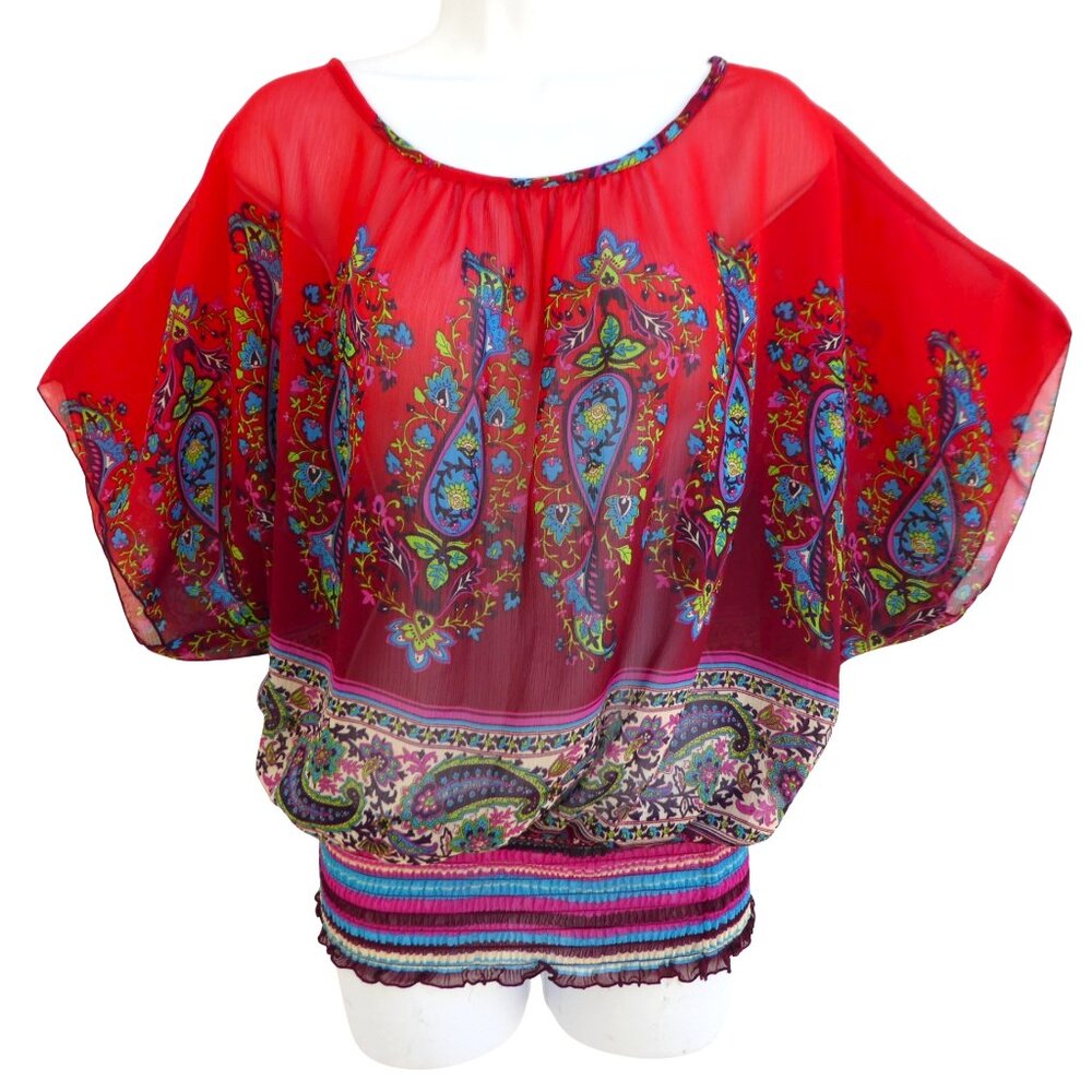 Vintage Y2K Red FANG Marrakech Blouse Striped Smocked Waistband Fairy Grunge XL